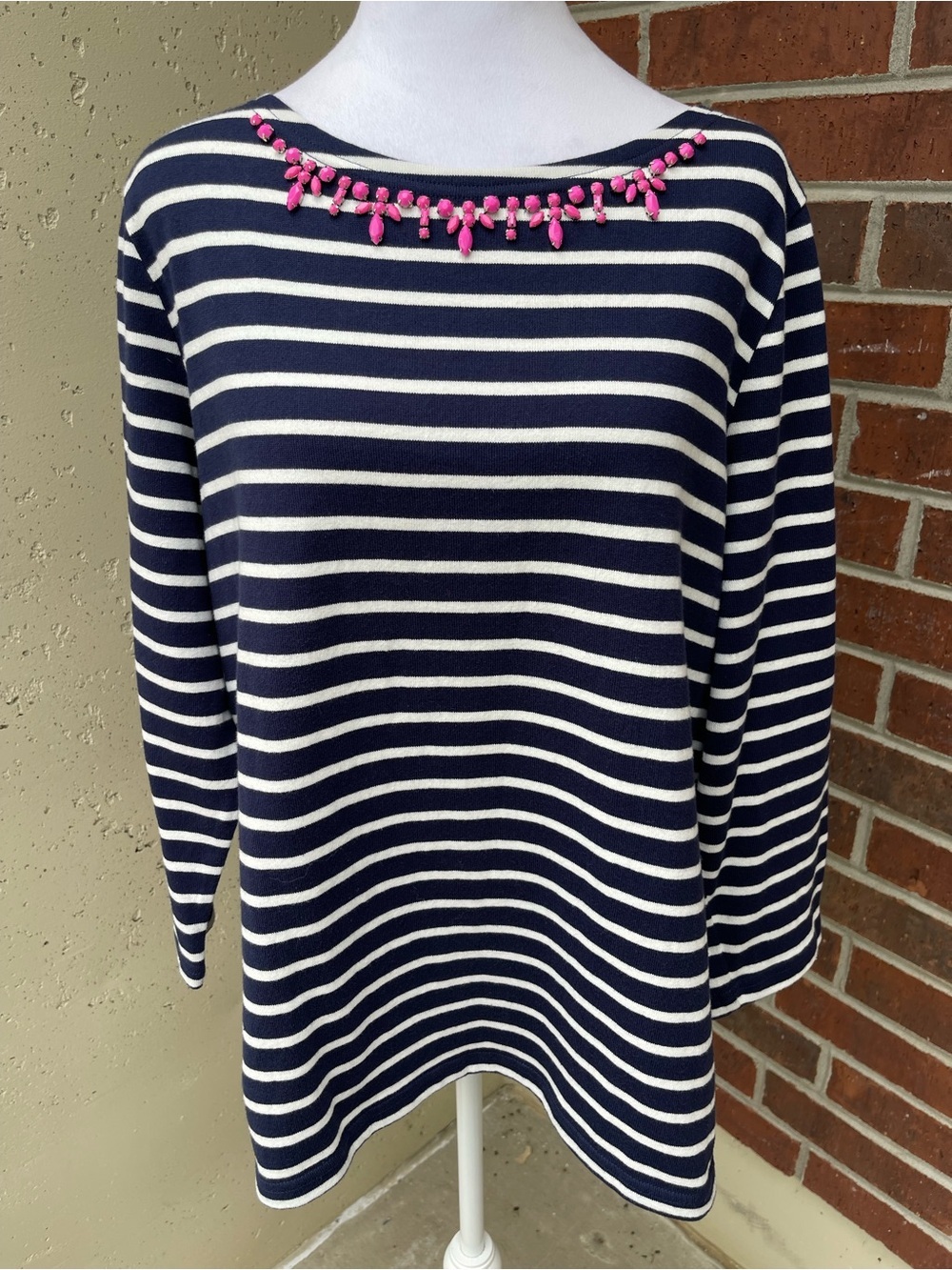 Joules Women’s Navy White Stripe Jeweled 3/4 Sleeve Nautical Coastal Sz 14 Top